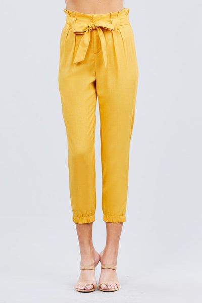 Wendy Wendolyn Linen/Rayon/Polyester Blend Front Wrap Waist Bow Tie Design Long Linen Paper Bag Pants (Yellow)