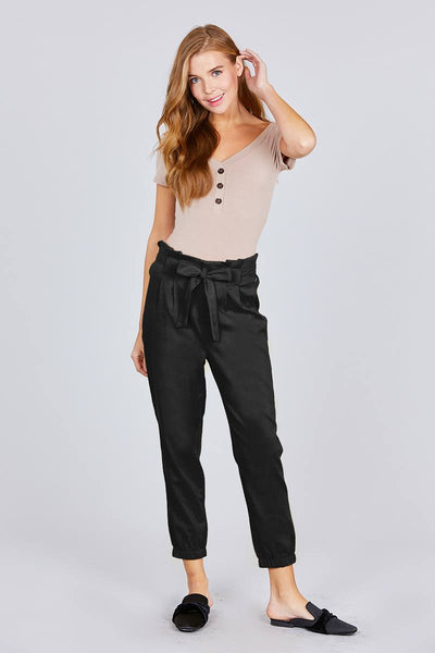 Wendy Wendolyn Linen/Rayon/Polyester Blend Front Wrap Waist Bow Tie Design Long Linen Paper Bag Pants (Black)