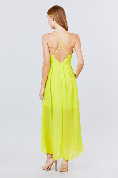 Flora Free Flow 100% Polyester V-neck Cross Back Strap Detail Maxi Cami Dress (Lime Yellow)