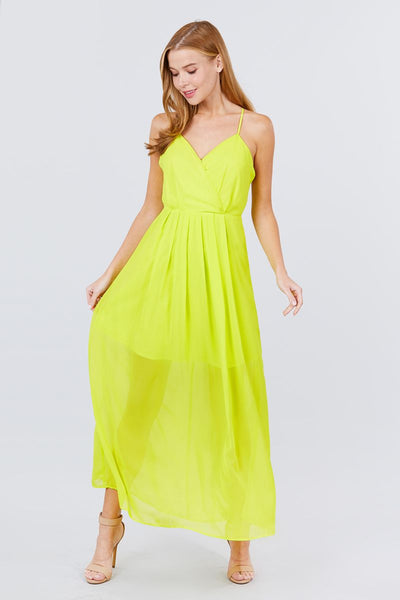 Flora Free Flow 100% Polyester V-neck Cross Back Strap Detail Maxi Cami Dress (Lime Yellow)