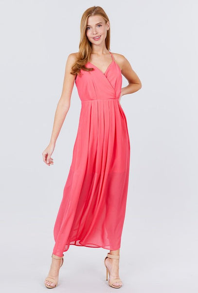 Flora Free Flow 100% Polyester V-neck Cross-Back Strap Detail Maxi Cami Dress (Coral Pink)