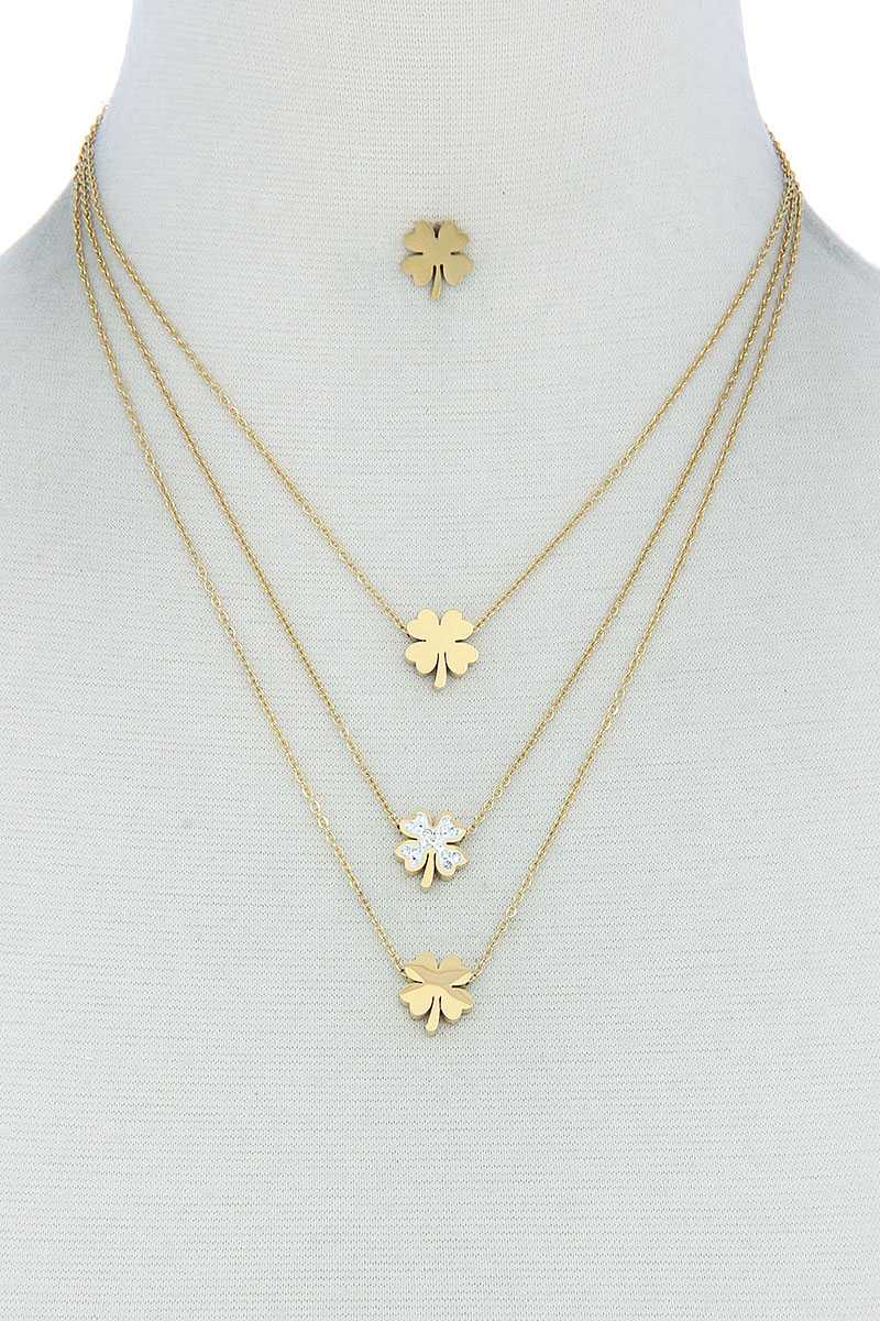 Triple Layer 4 Leaves Clover Necklace And Earring Set