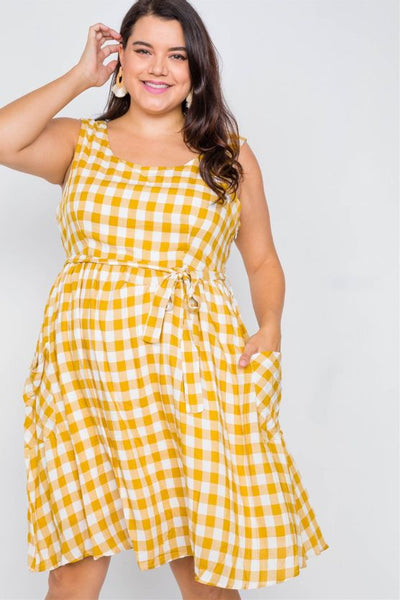 Cali Calico Country Gal Plus Size 100% Cotton Yellow Plaid Scoop Neck Sash Detail Checkered Gingham Midi Dress