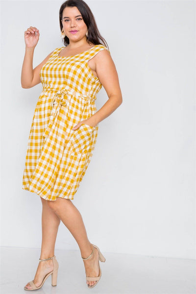 Cali Calico Country Gal Plus Size 100% Cotton Yellow Plaid Scoop Neck Sash Detail Checkered Gingham Midi Dress