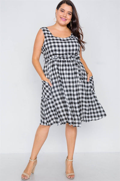 Cali Calico Country Gal Plus Size 100% Cotton Black Plaid Scoop Neck Sash Detail Checkered Gingham Midi Dress