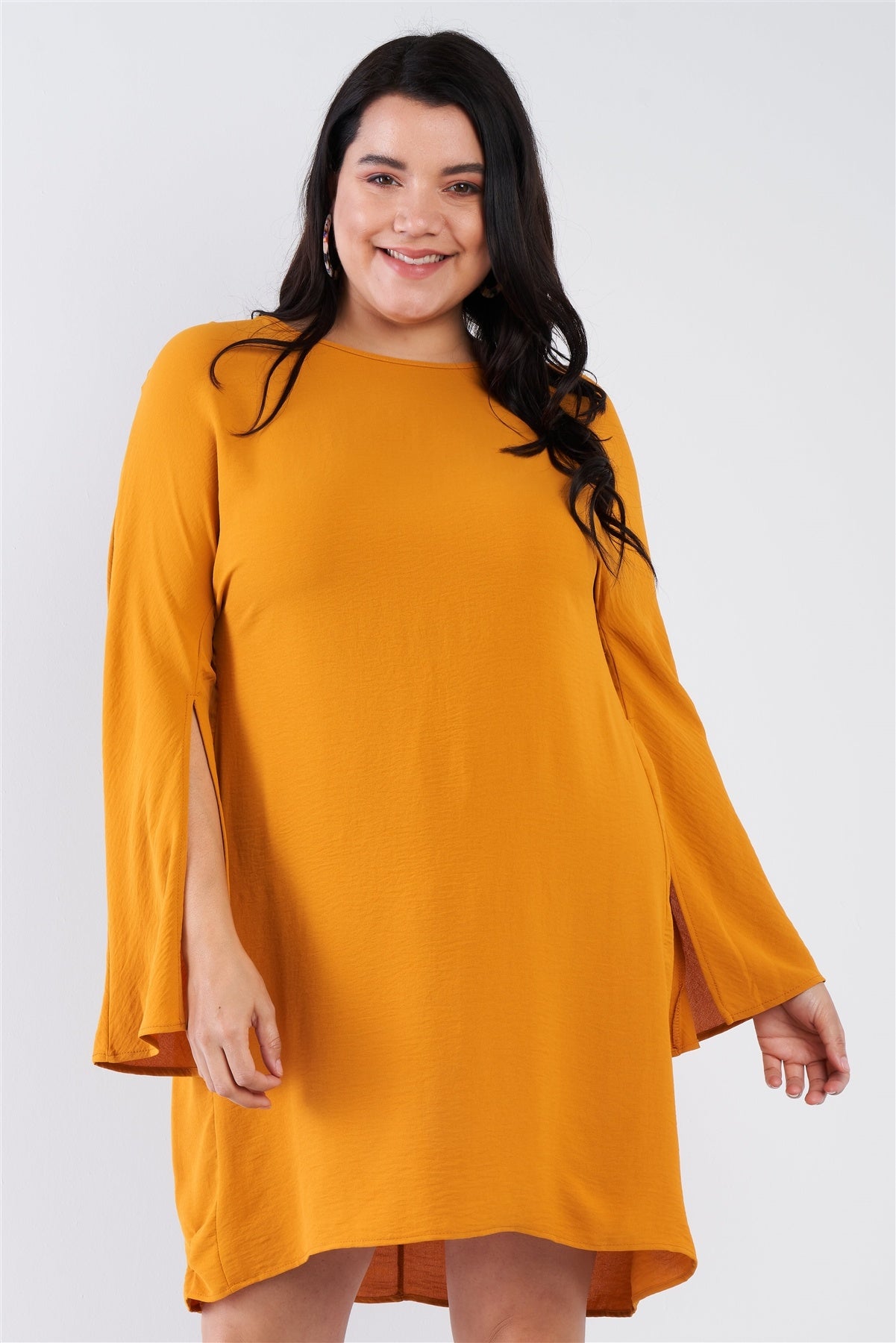 Plus Size Lovely Ladies Made In U.S.A. 97% Polyester 3% Spandex Retro Chic Slit Sleeve Detail Scoop Neck Mini Dress (Mustard)