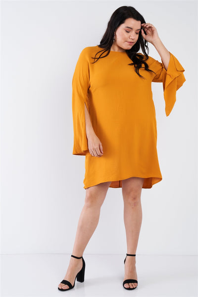 Plus Size Lovely Ladies Made In U.S.A. 97% Polyester 3% Spandex Retro Chic Slit Sleeve Detail Scoop Neck Mini Dress (Mustard)