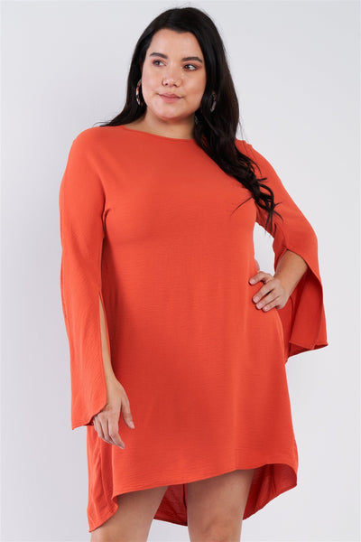 Plus Size Lovely Ladies Made In U.S.A. Polyester Retro Chic Long Slit Sleeve Detail Scoop Neck Midi Dress (Terracotta)