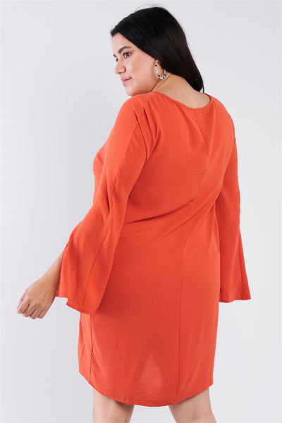 Plus Size Lovely Ladies Made In U.S.A. Polyester Retro Chic Long Slit Sleeve Detail Scoop Neck Midi Dress (Terracotta)