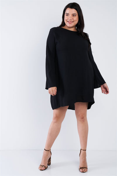 Plus Size Lovely Ladies Made In U.S.A. Polyester Retro Chic Slit Sleeve Detail Scoop Neck Midi Dress (Black)