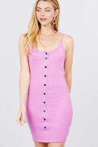 Marissa Alyssa 95% Polyester 5% Spandex Front Snap Button Down Detail Adjustable Cami Straps Ribbed Mini Dress (Lilac Pink)