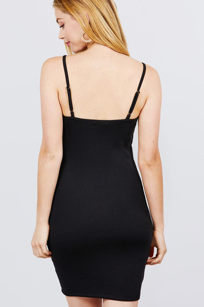 Marissa Alyssa 95% Polyester 5% Spandex Front Snap Button Down Detail Adjustable Cami Straps Ribbed Mini Dress (Black)