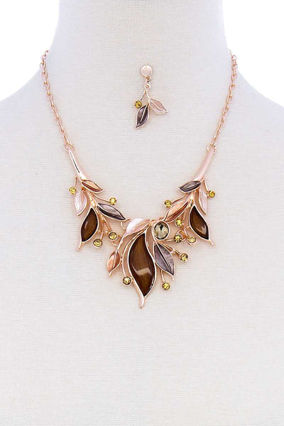 Stylish Multi Rhinestone Leaf Necklace And Earring Set