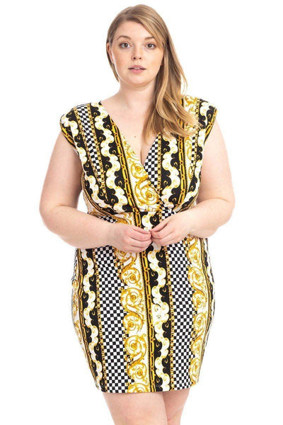 Plus Size Lovely Ladies Made In U.S.A. Border Print V-neckline Sleeveless Bodycon Mini Dress (Black/Yellow)