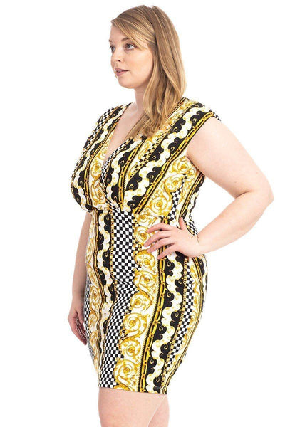 Plus Size Lovely Ladies Made In U.S.A. Border Print V-neckline Sleeveless Bodycon Mini Dress (Black/Yellow)