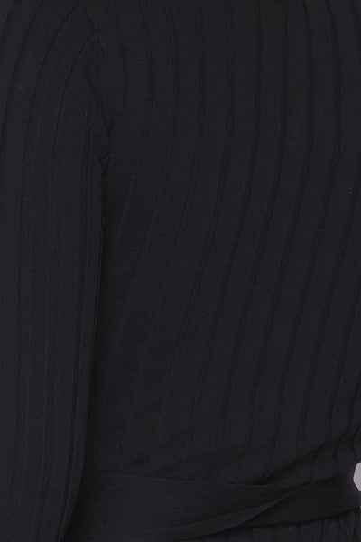 Casual Clubwear Rayon Blend Scoop Neck Long Sleeve Ribbed Belt Detail Slit Skirt Maxi Dress (Black)
