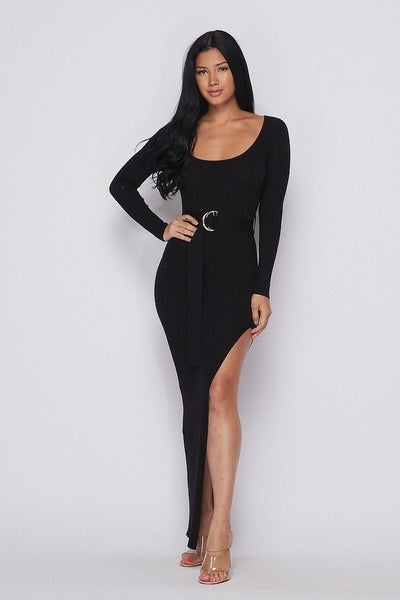 Casual Clubwear Rayon Blend Scoop Neck Long Sleeve Ribbed Belt Detail Slit Skirt Maxi Dress (Black)
