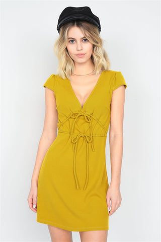 Our Best 65% Polyester 30% Cotton 5% Elastane Ribbed V-neck Cap Sleeve Solid Color Casual Mini Dress (Mustard)