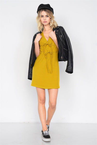 Our Best 65% Polyester 30% Cotton 5% Elastane Ribbed V-neck Cap Sleeve Solid Color Casual Mini Dress (Mustard)