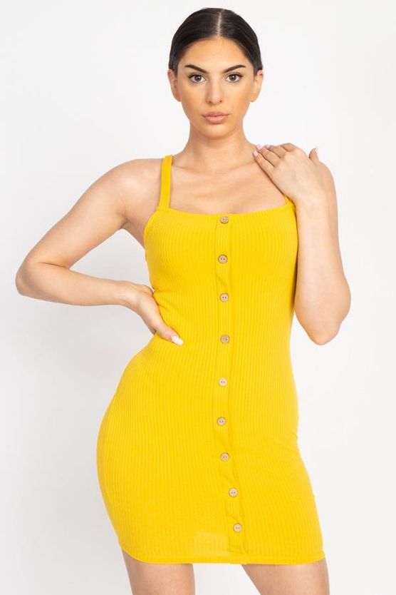 Button Down 75% Polyester 20% Rayon 5% Spandex Light Mustard Ribbed Mini Dress