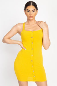 Button Down 75% Polyester 20% Rayon 5% Spandex Light Mustard Ribbed Mini Dress