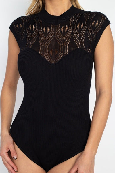 Our Best 78% Viscose 22% Polyester Ribbed Sweater Knit Mock Neck Sheer Pointelle Bodice Bodysuit (Black)