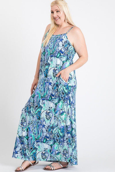 Plus Size Lovely Ladies Polyester Blend Made In U.S.A. All Over Floral Print Cami Straps Maxi Dress (Blue)