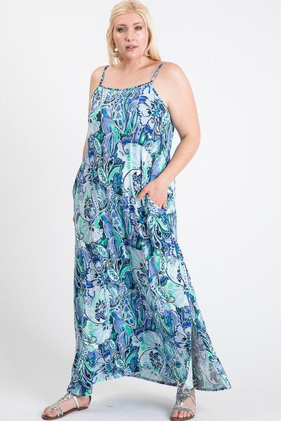 Plus Size Lovely Ladies Polyester Blend Made In U.S.A. All Over Floral Print Cami Straps Maxi Dress (Blue)