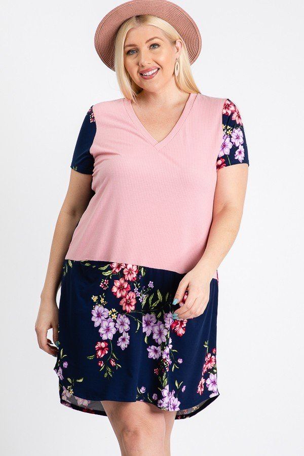 Plus Size Lovely Ladies 100% Polyester Short Sleeve Blocked Front Pocket Detail Midi Dress (Navy Floral)
