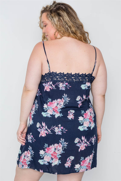 Plus Size Lovely Ladies 65% Cotton 35% Rayon 5% Spandex All Over Floral Print Crochet Boho Mini Cami Dress (Navy)