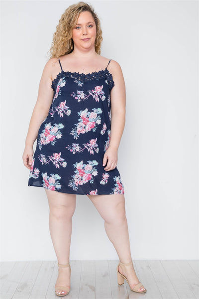 Plus Size Lovely Ladies 65% Cotton 35% Rayon 5% Spandex All Over Floral Print Crochet Boho Mini Cami Dress (Navy)