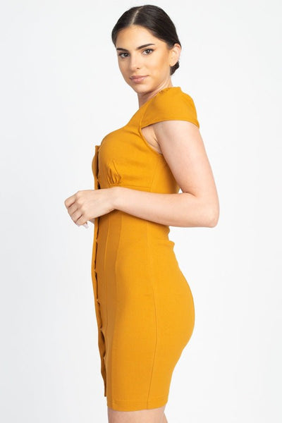 Our Best 70% Rayon 26% Nylon 4% Spandex Short Cap Sleeve Button Down Square Neckline Bodycon Mini Dress (Mustard)