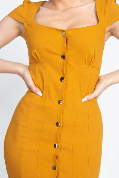 Our Best 70% Rayon 26% Nylon 4% Spandex Short Cap Sleeve Button Down Square Neckline Bodycon Mini Dress (Mustard)