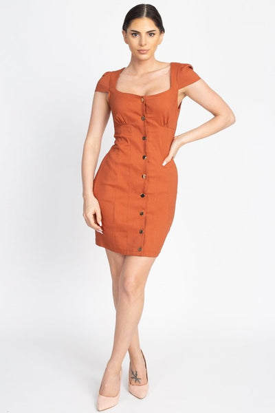 Our Best 70% Rayon 26% Nylon 4% Spandex Short Cap Sleeve Button Down Square Neckline Bodycon Mini Dress (Rust)