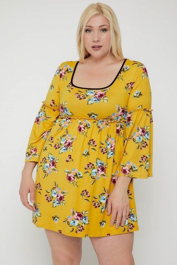 Plus Size Lovely Ladies 33% Rayon 63% Polyester 4% Spandex Spring Floral Bell Sleeves Fashion Plus Babydoll Mini Dress (Yellow/Multi)