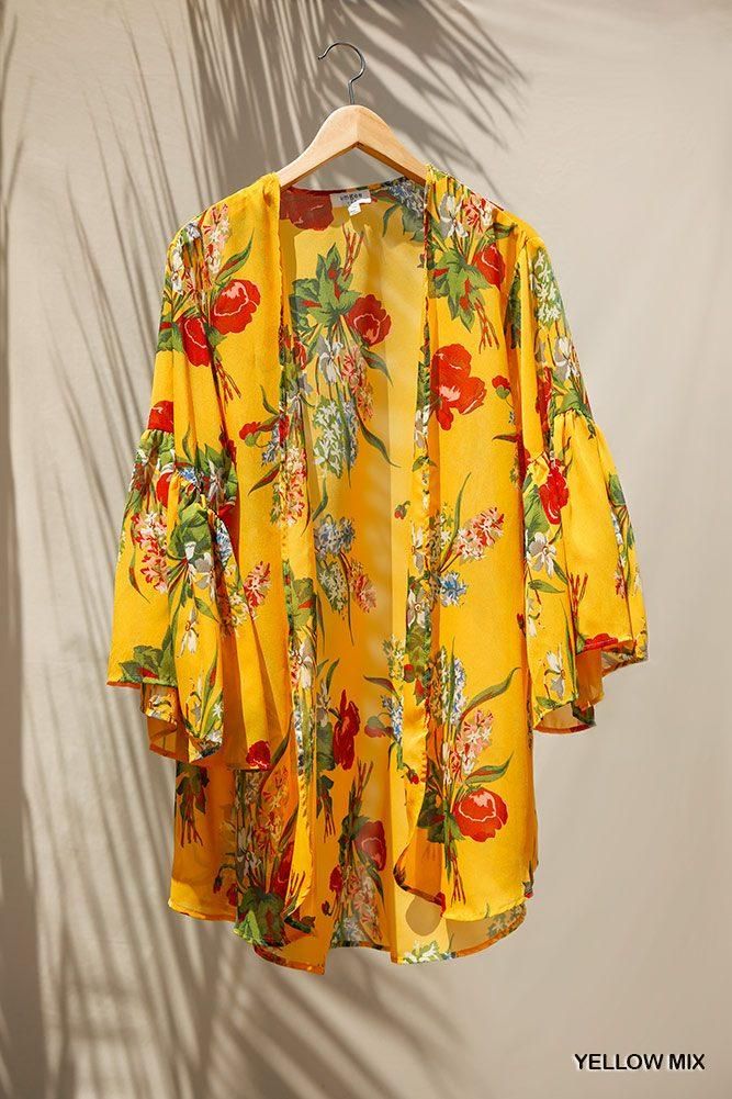 100% Polyester Yellow Ruffle Detailed Floral Print Open Front Kimono Flowy Sleeves Kimono