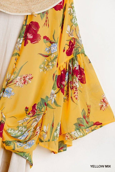 100% Polyester Yellow Ruffle Detailed Floral Print Open Front Kimono Flowy Sleeves Kimono