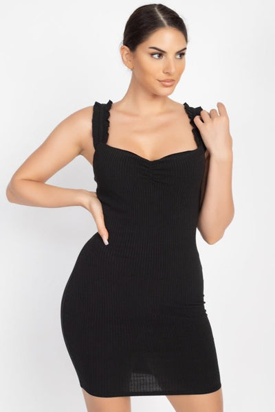 Sassy Kathy Sexy Lassie Polyester/Spandex Blend Sweetheart Neckline Ruffle Shoulder Strap Ribbed Ruched Bodycon Mini Dress (Black)