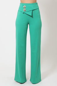 Our Best Oversized Button Front Detail Polyester Blend Flare Leg Pants (Cobalt Green)