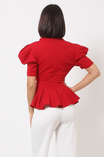 Draped Puff Shoulder Fashion Top With G Buckle Detail