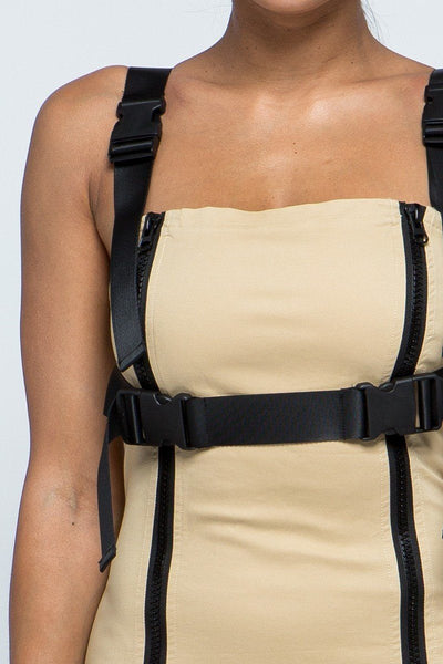Girl's Got Attitude 97% Polyester 3% Spandex Buckle & Zipper Detail Stretchable Cotton Mini Dress (Beige)