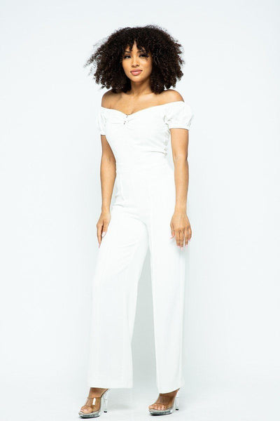 Our Best 100% Polyester Short Puff Sleeve Jumpsuit U-Metal Details With Open Zippered Back (White)