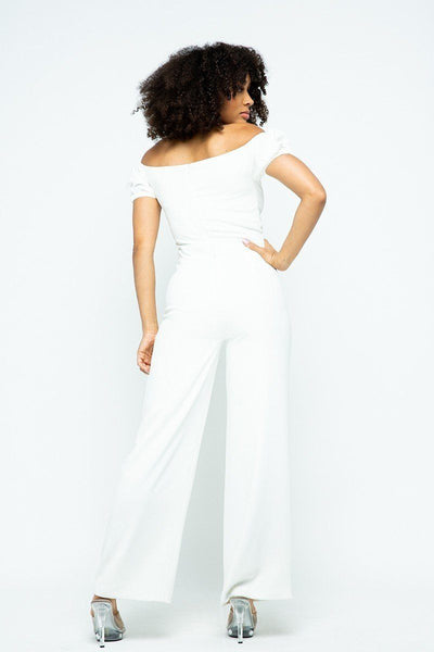 Our Best 100% Polyester Short Puff Sleeve Jumpsuit U-Metal Details With Open Zippered Back (White)