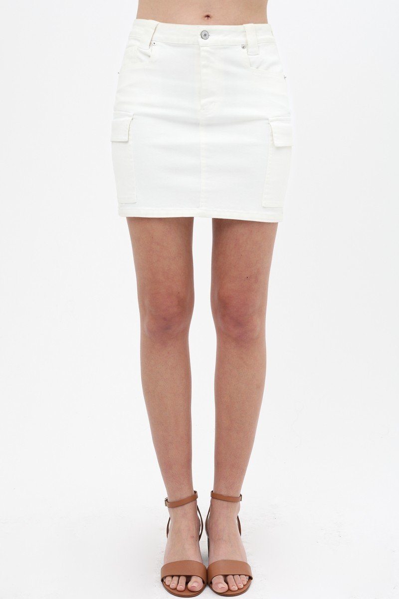 Our Best 97% Cotton 3% Spandex Cargo Cotton Span Mini Skirt (White)