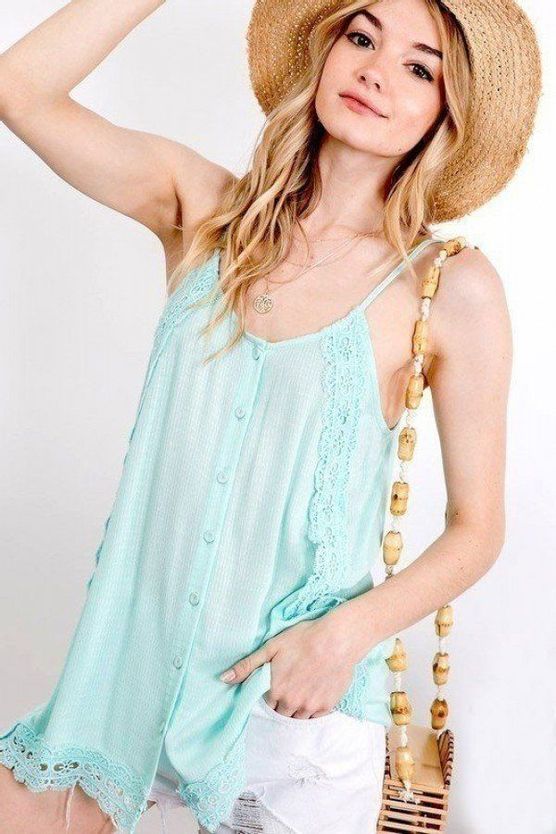 Boho Scallop Lace Trim Detailed Button Down Solid Subtle Textured Slit Side Overlay Layered Cami Top
