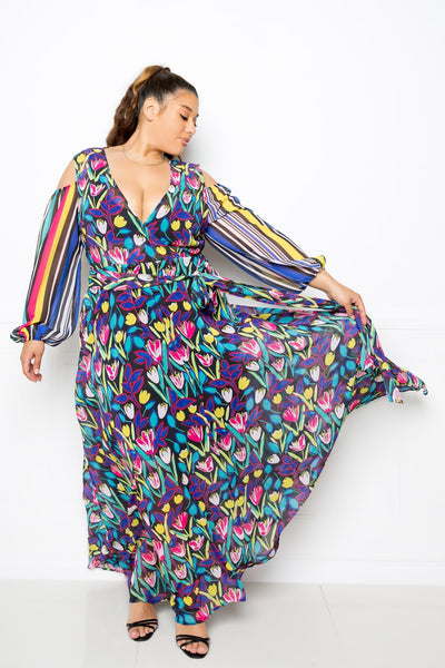 Plus Size Lovely Ladies 100% Polyester Multi-Color Floral Pattern Print Deep V-neckline Cold Shoulder Chiffon Maxi Dress (Multi)