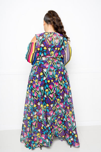 Plus Size Lovely Ladies 100% Polyester Multi-Color Floral Pattern Print Deep V-neckline Cold Shoulder Chiffon Maxi Dress (Multi)