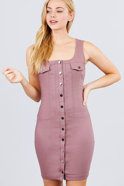 Our Best 75% Rayon 21% Nylon 4% Spandex Sleeveless Deep Square Neckline Button Down Breast Pocket Detail Mini Dress (Pink Mauve)