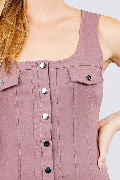 Our Best 75% Rayon 21% Nylon 4% Spandex Sleeveless Deep Square Neckline Button Down Breast Pocket Detail Mini Dress (Pink Mauve)