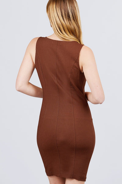 Our Best 75% Rayon 21% Nylon 4% Spandex Sleeveless Deep Square Neckline Button Down Breast Pocket Detail Mini Dress (Brown Red)